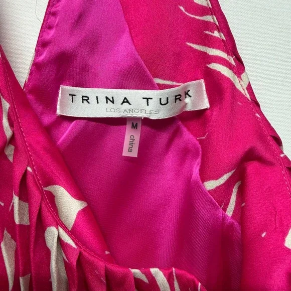 Trina Turk Pleated Halter Maxi Dress Pink Tropical Gold Strap M - Picture 7 of 12